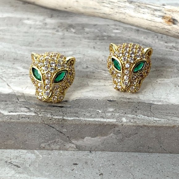 NEW~ Anthropologie Pave Crystal Emerald Eye Jaguar Stud Earrings - Picture 1 of 8